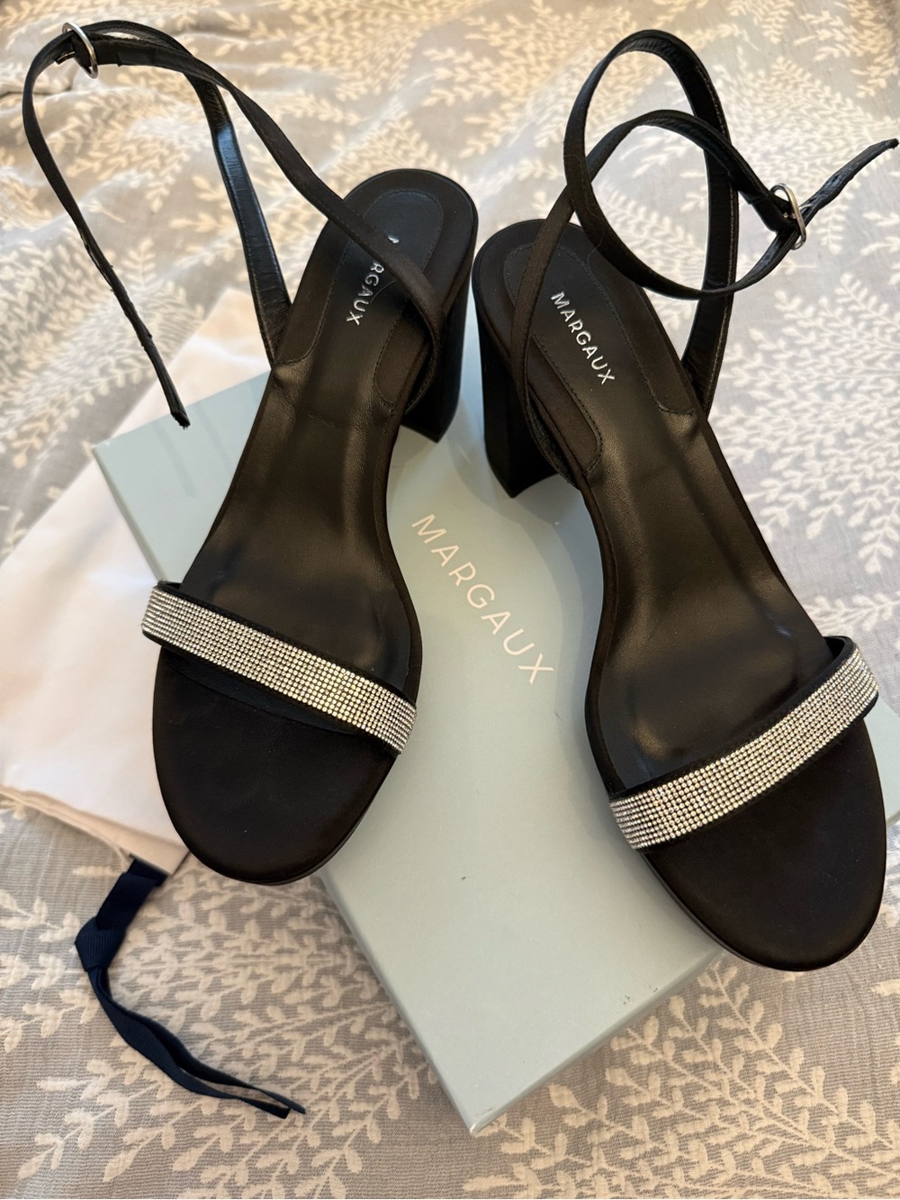Margaux Black Satin Chrystal Stella Block Sandals Sz 39.5 new